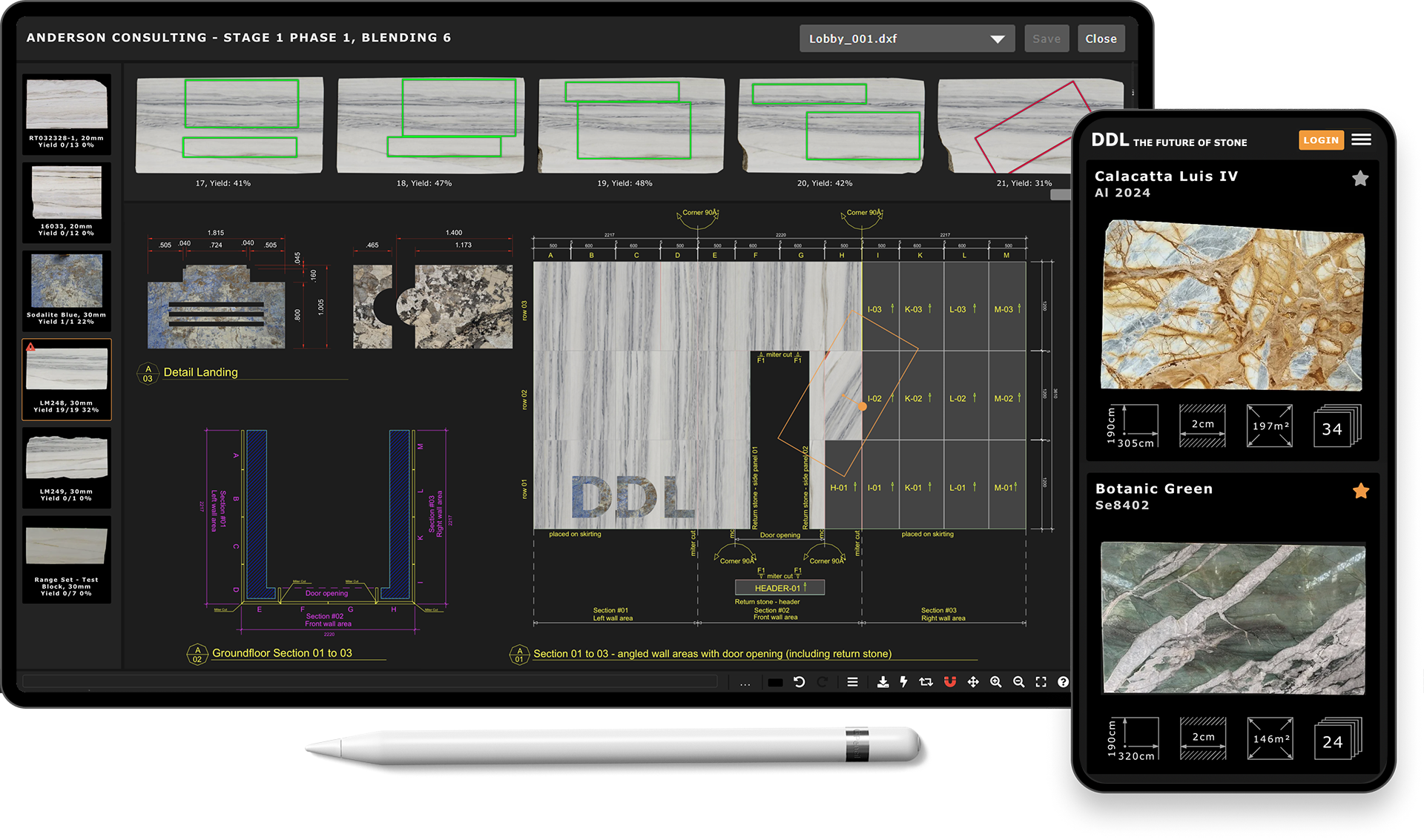 Präsentation des DDL Stone Planning Tools auf einem Tablet und Telefon