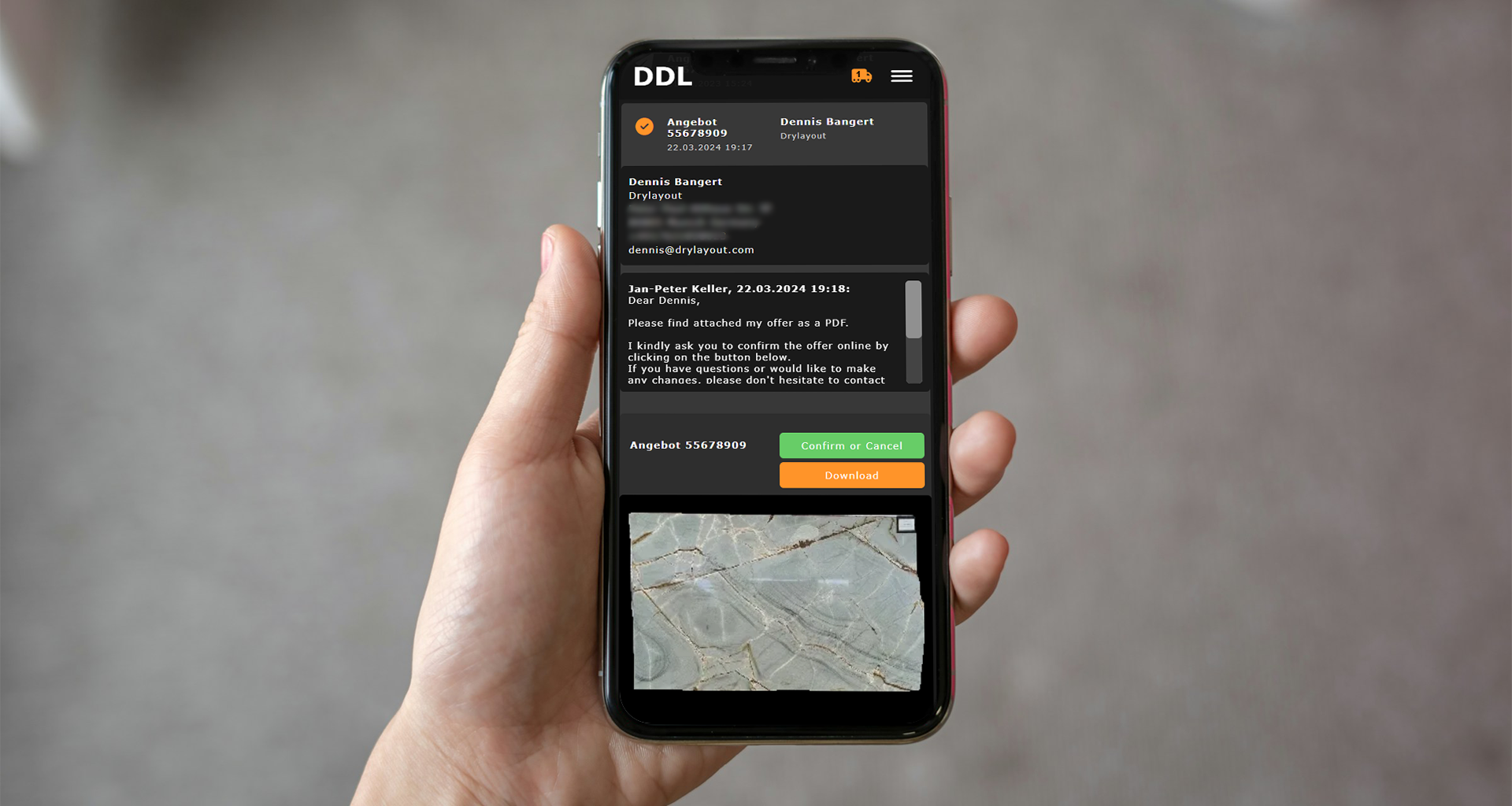 DDL Angebotsmodul für Naturstein auf Tablet und Smartphone